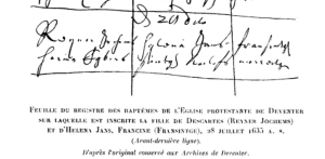 Baptism record of Francince, daughter of Helena Jans and Descartes. Deventer, July,1635.
